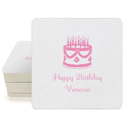 Sweet Floral Birthday Cake Square Coasters